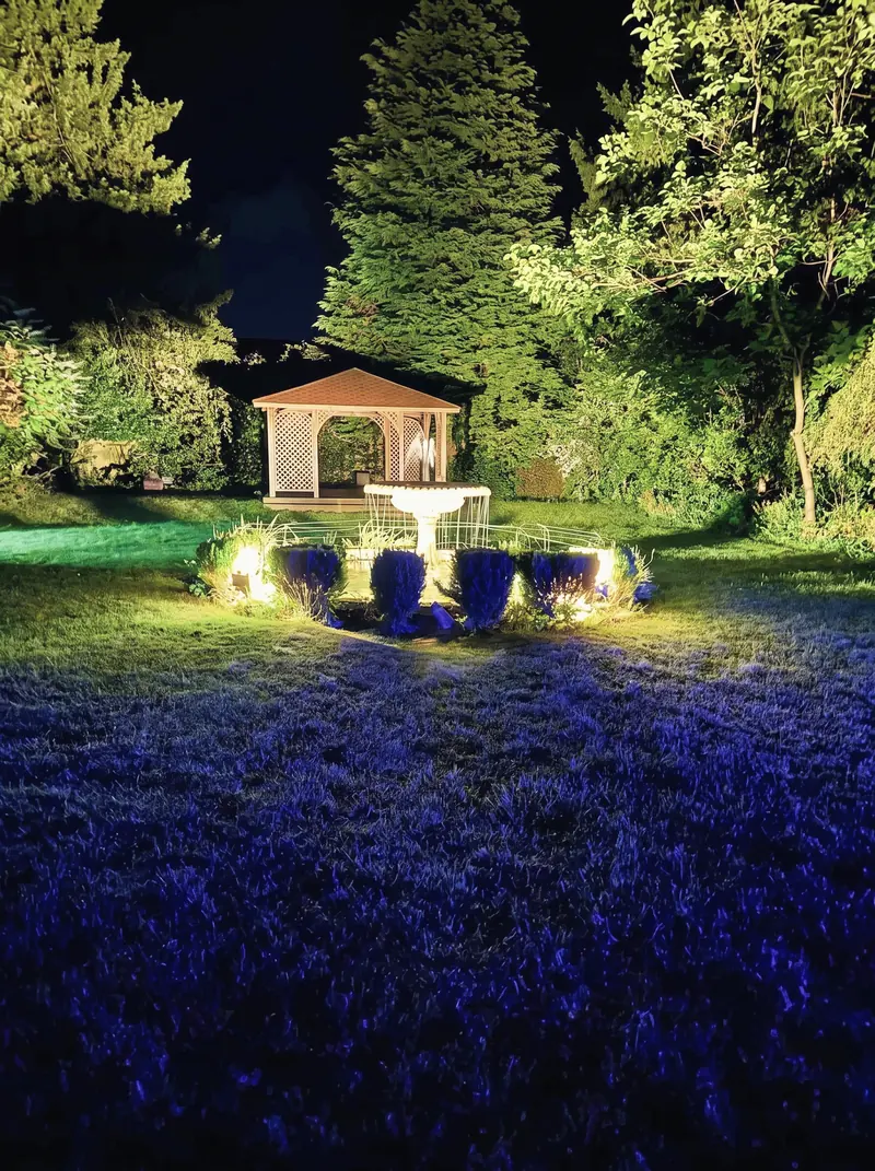 The arbour and fountain floodlit at night