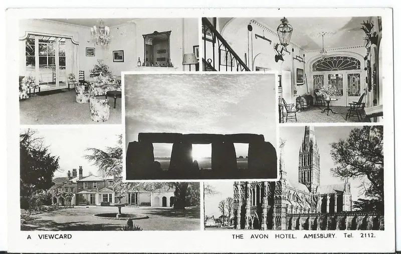 Vintage postcard of The Avon Hotel, Amesbury, with views of the hotel and garden, Stonehenge in the centre and Salisbury Cathedral at the lower right