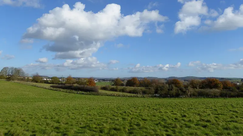 The wide grassy bowl of Durrington Walls henge under a blue sky with clouds