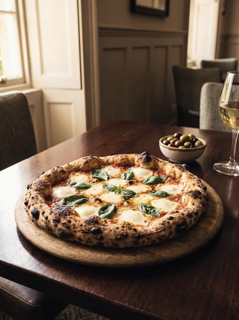 A margherita pizza with a blistered crust on a wooden board, with olives and a glass of white wine