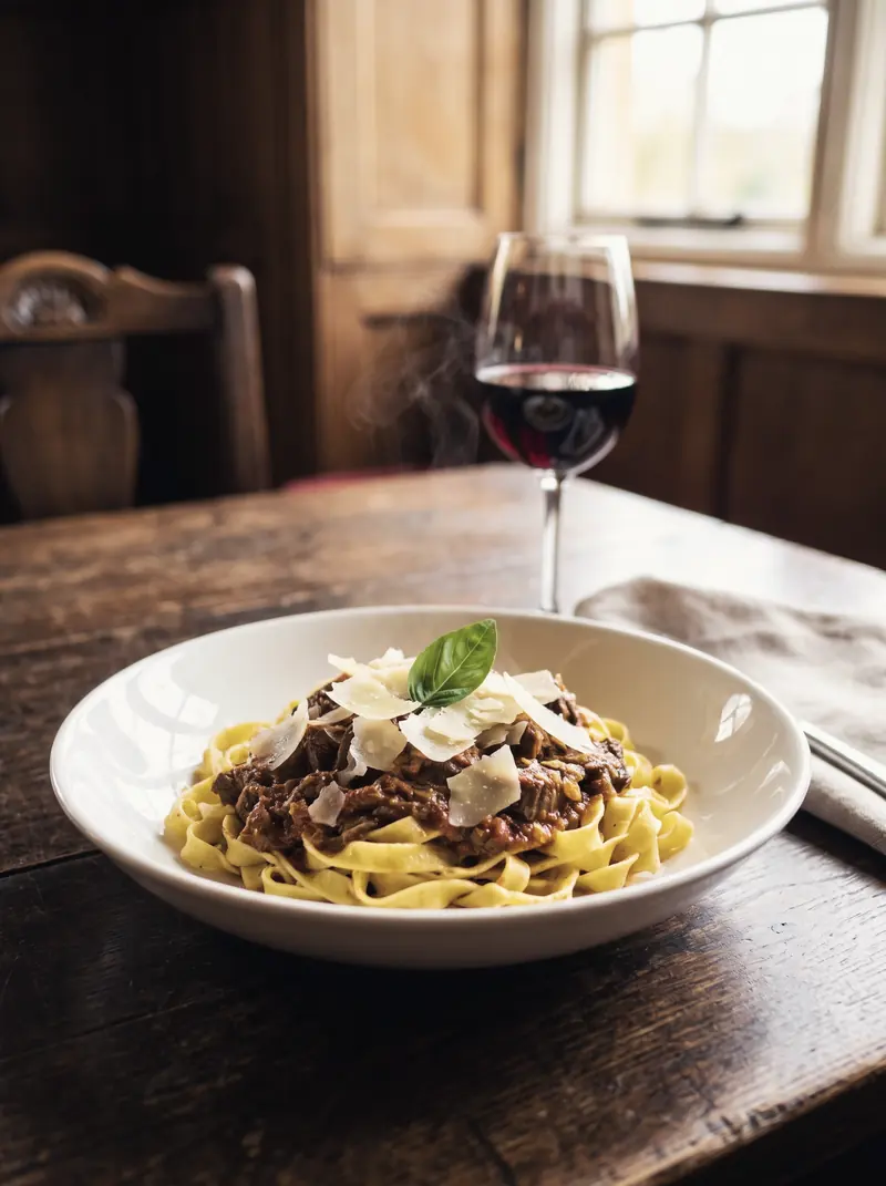 A bowl of tagliatelle with beef ragu, shaved parmesan and basil, with a glass of red wine