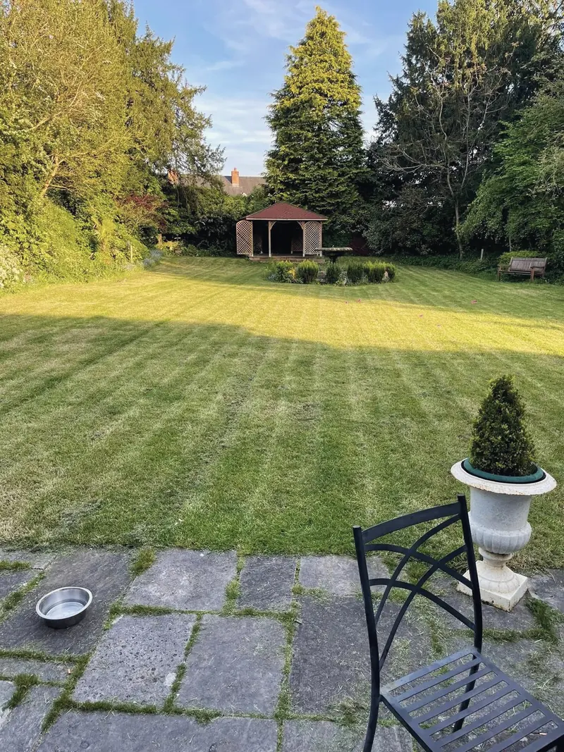 The striped lawn stretching from the terrace to the timber arbour, with tall trees behind, on a sunny day