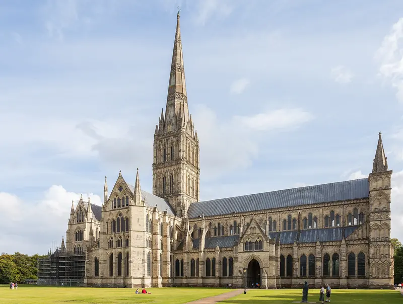 Salisbury Cathedral and its spire seen across the lawn of the Cathedral Close