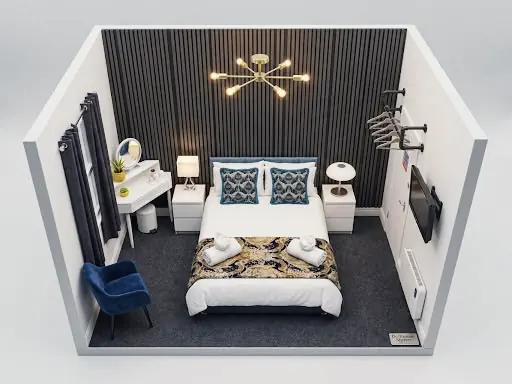 A model of the Small Double Room seen from above, showing where the bed, dressing table, armchair, hanging rail and TV are