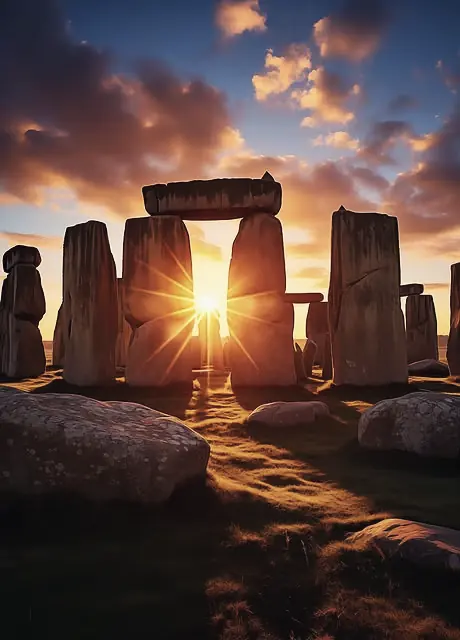 Low sun shining between the stones at Stonehenge