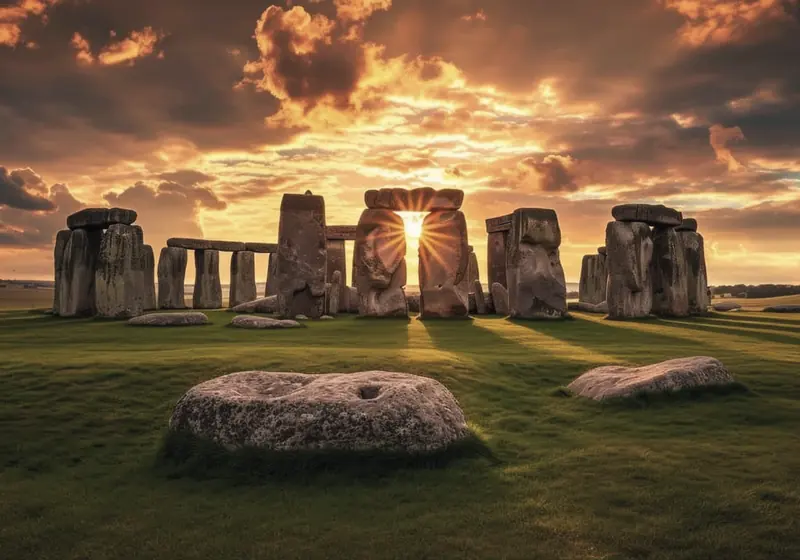 The stones of Stonehenge against an orange sunset sky